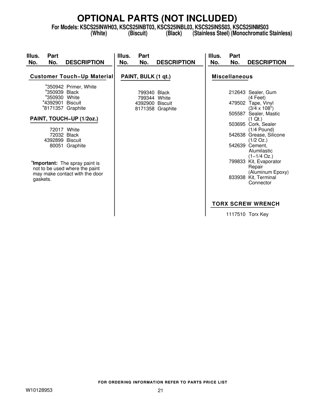 KitchenAid KSCS25INSS03, KSCS25INWH03, KSCS25INMS03, KSCS25INBT03 manual Optional Parts not Included, PAINT, TOUCH−UP 1/2oz 