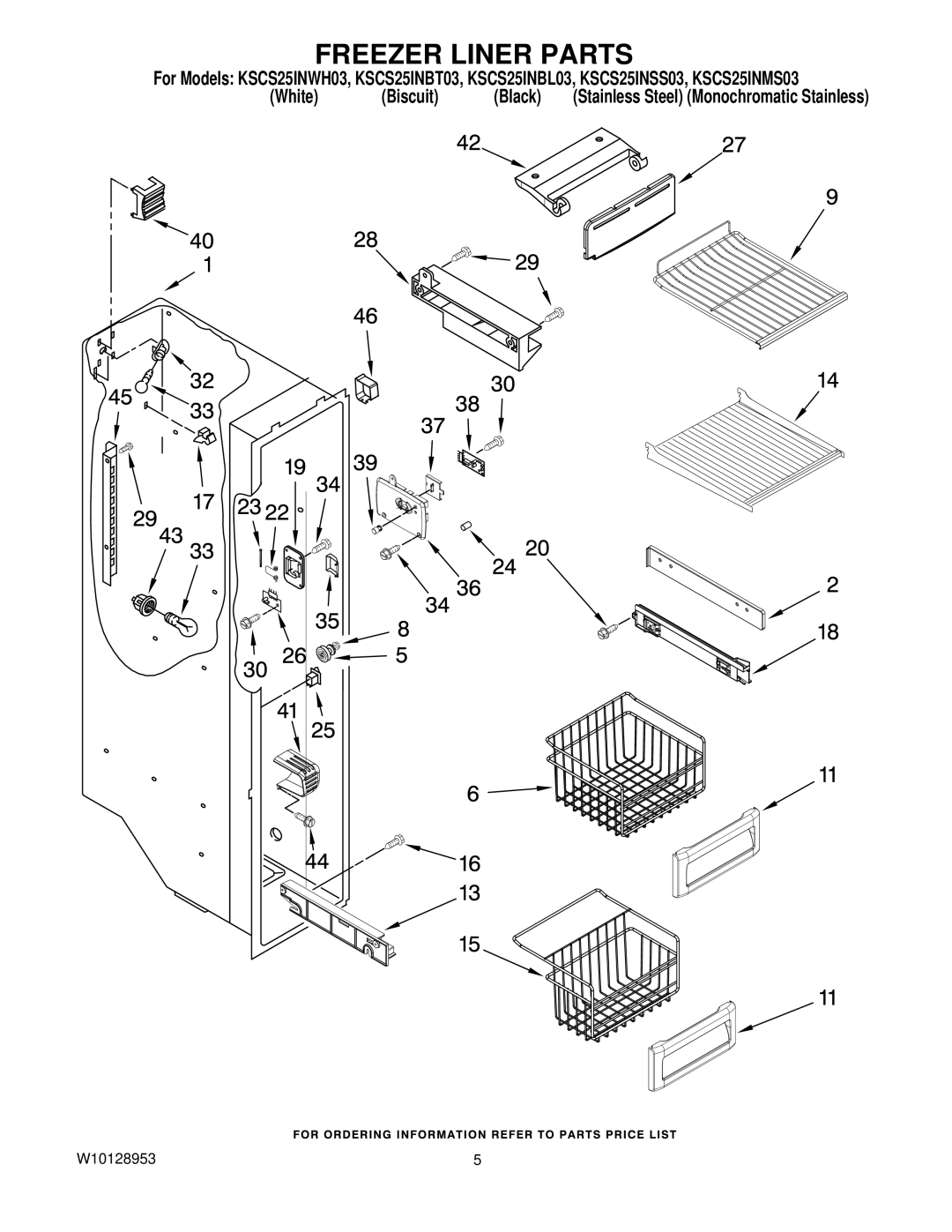 KitchenAid KSCS25INWH03, KSCS25INSS03, KSCS25INMS03, KSCS25INBT03, KSCS25INBL03 manual Freezer Liner Parts 