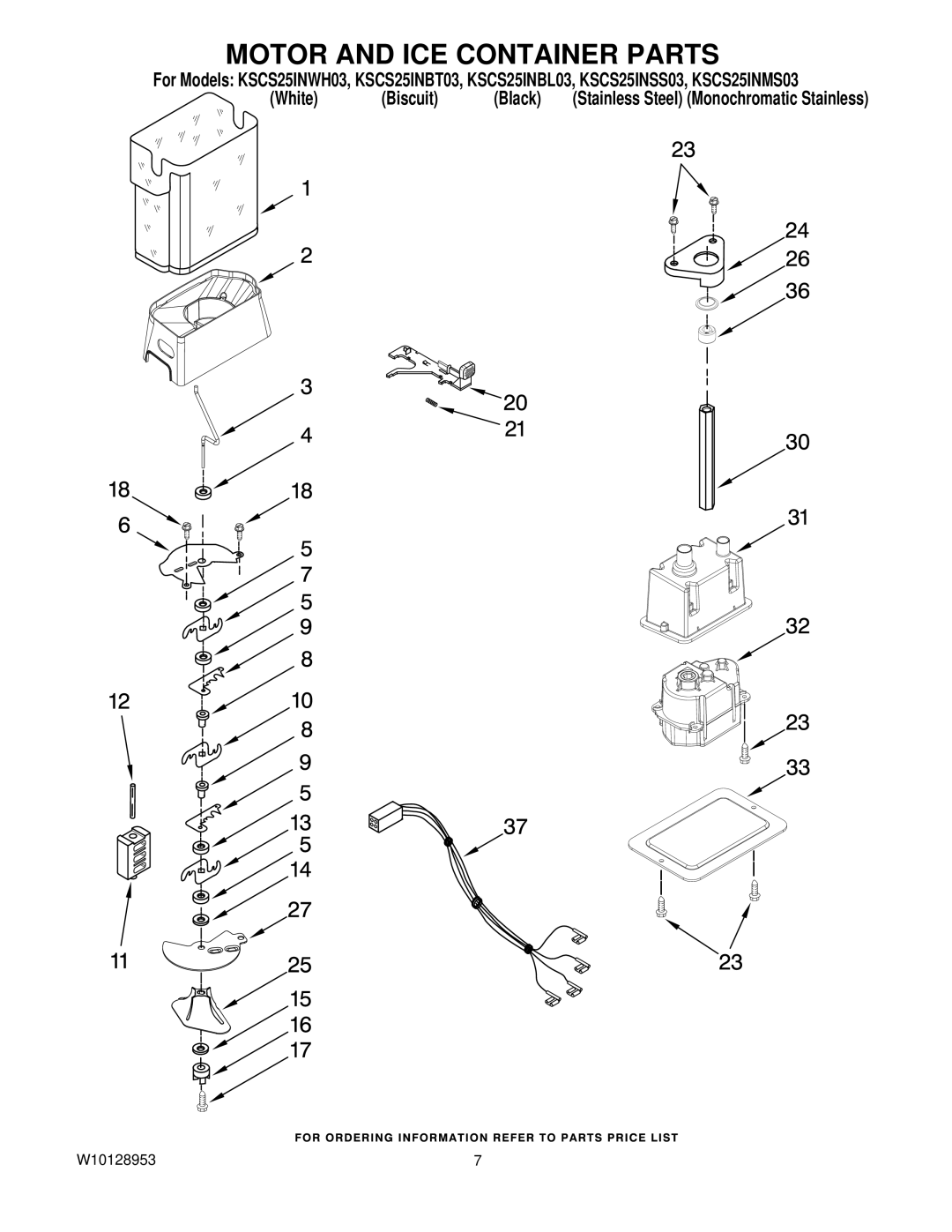 KitchenAid KSCS25INMS03, KSCS25INWH03, KSCS25INSS03, KSCS25INBT03, KSCS25INBL03 manual Motor and ICE Container Parts 