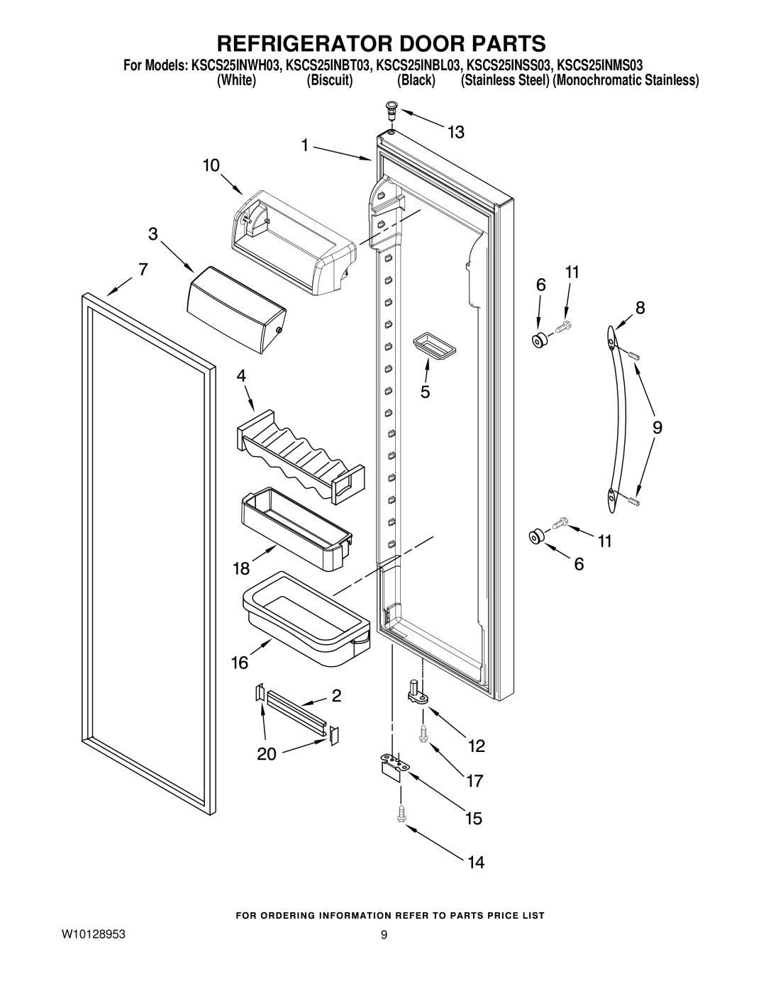 KitchenAid KSCS25INBL03, KSCS25INWH03, KSCS25INSS03, KSCS25INMS03, KSCS25INBT03 manual Refrigerator Door Parts 