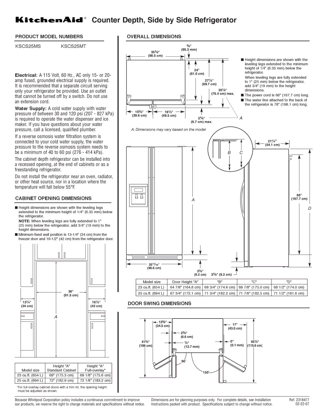 KitchenAid KSCS25MT dimensions Product Model Numbers Overall Dimensions, Cabinet Opening Dimensions, Door Swing Dimensions 