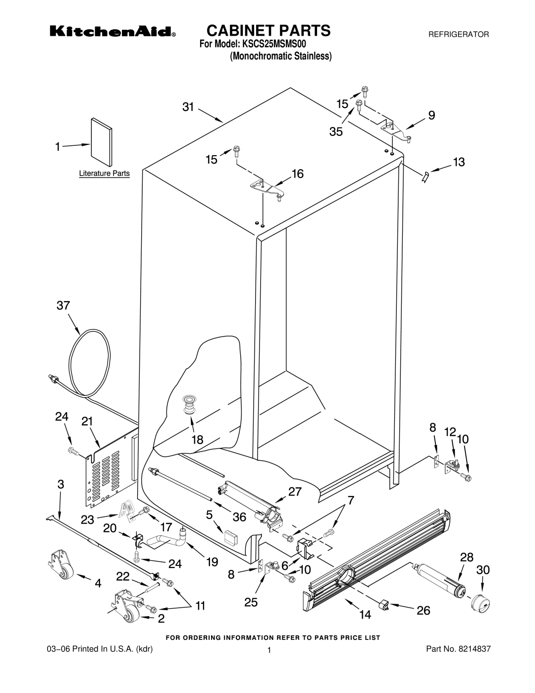 KitchenAid KSCS25MSMS00 manual Cabinet Parts 