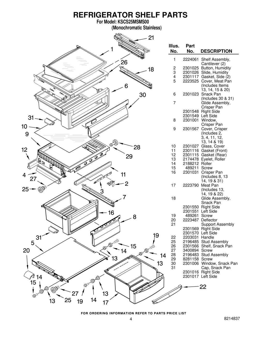 KitchenAid KSCS25MSMS00 manual Refrigerator Shelf Parts 