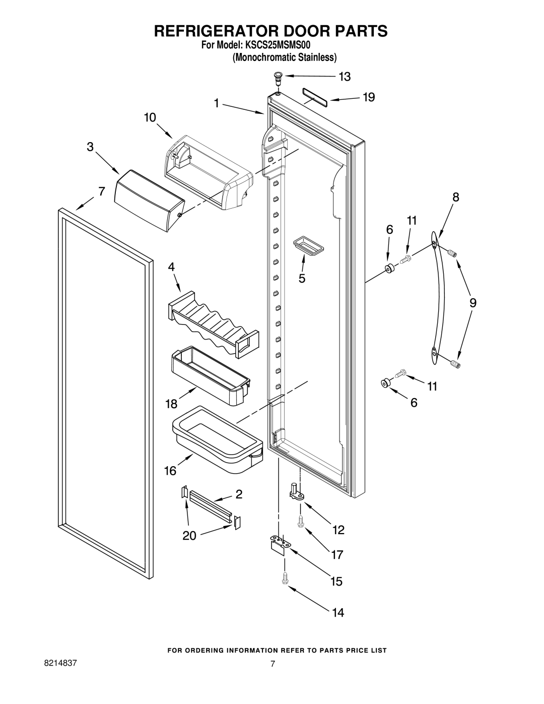 KitchenAid KSCS25MSMS00 manual Refrigerator Door Parts 