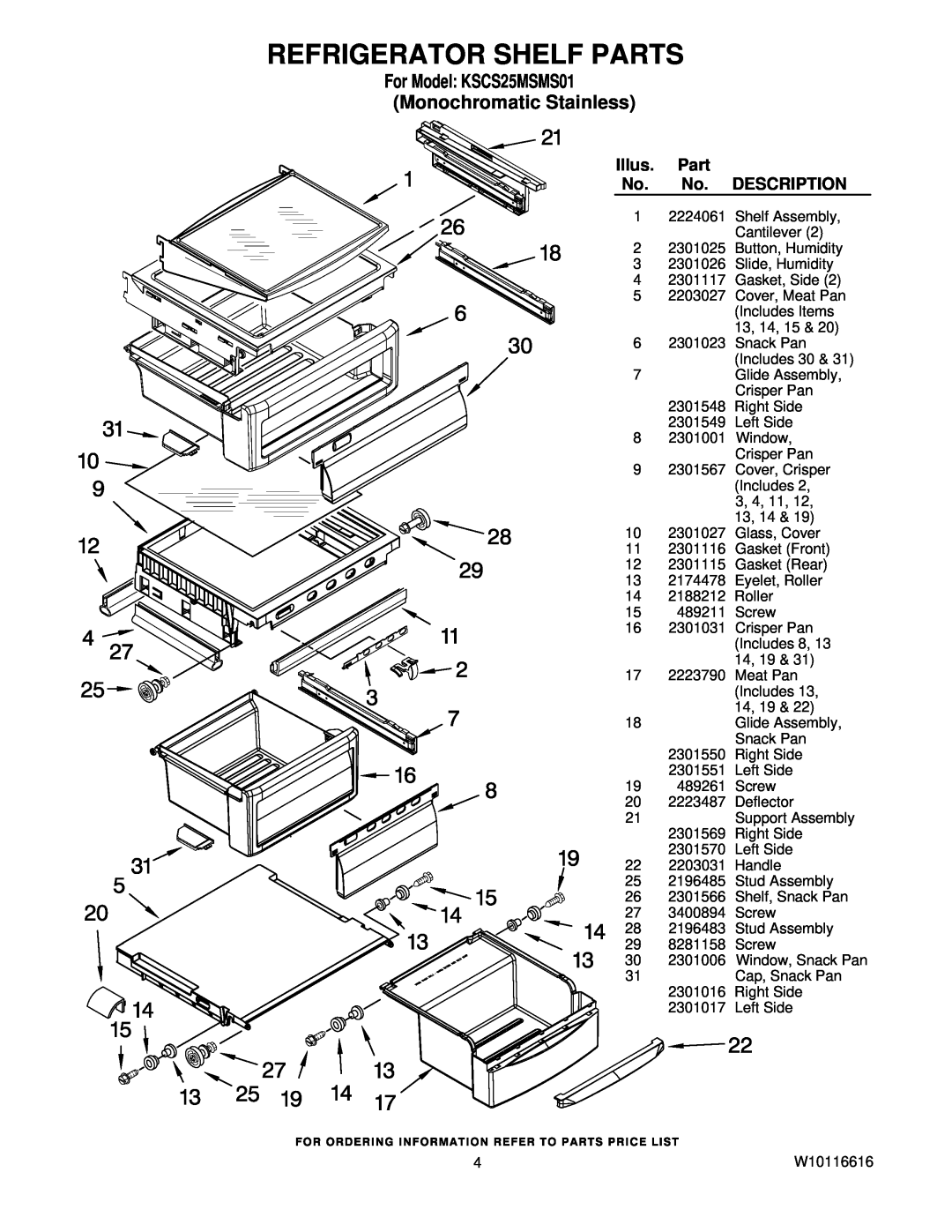 KitchenAid manual Refrigerator Shelf Parts, For Model KSCS25MSMS01 Monochromatic Stainless, Illus, Description 