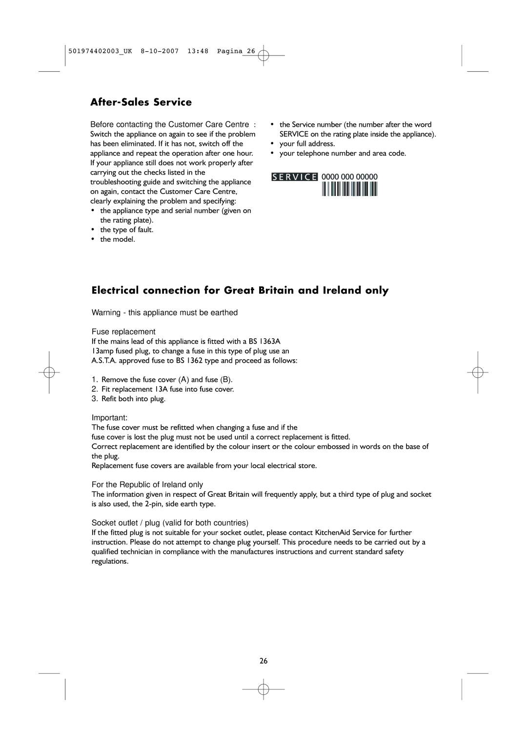 KitchenAid KSCX 3610 manual After-Sales Service, Electrical connection for Great Britain and Ireland only 