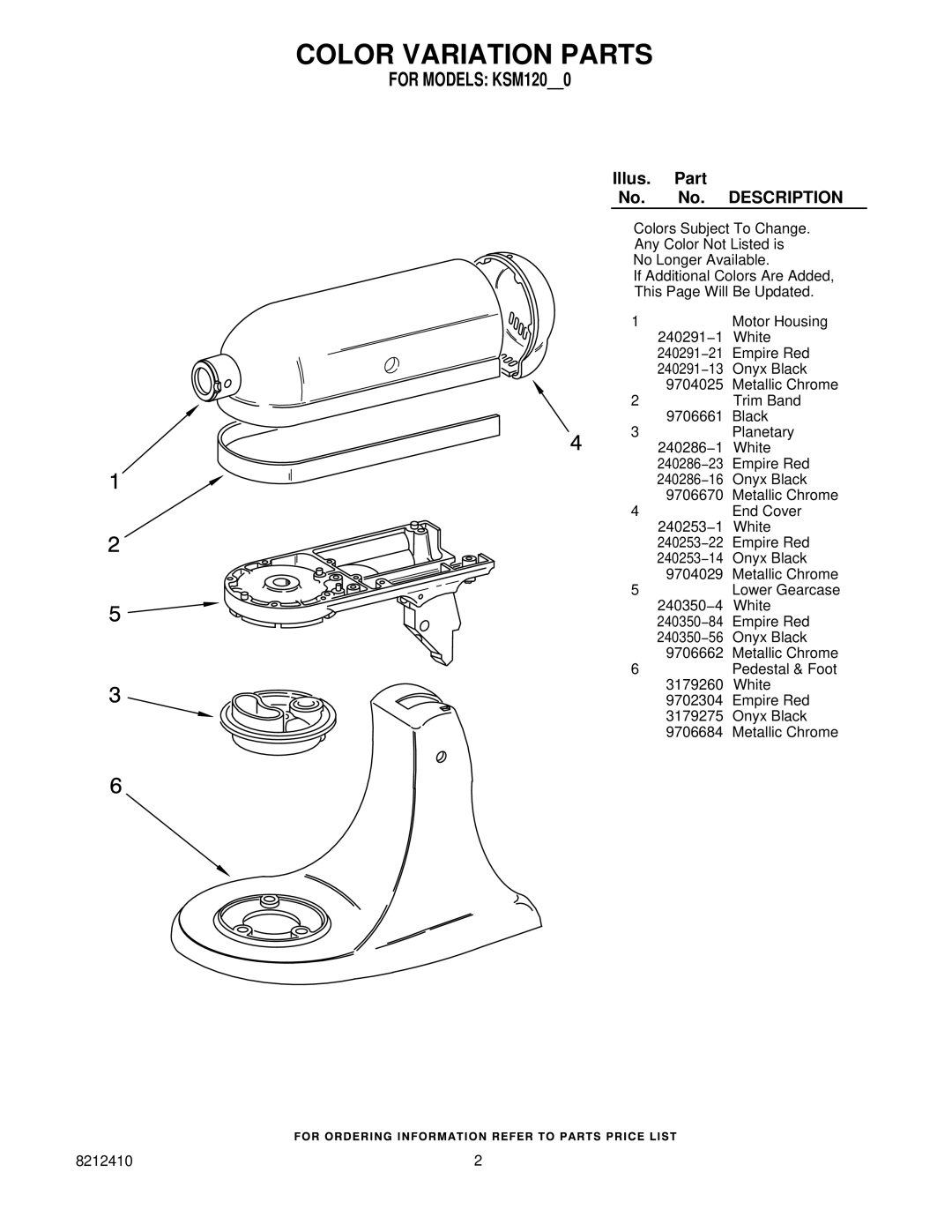 KitchenAid KSM120WH0, KSM120MC0, KSM120OB0, KSM120ER0, 8212410 manual Color Variation Parts, For Models KSM1200 