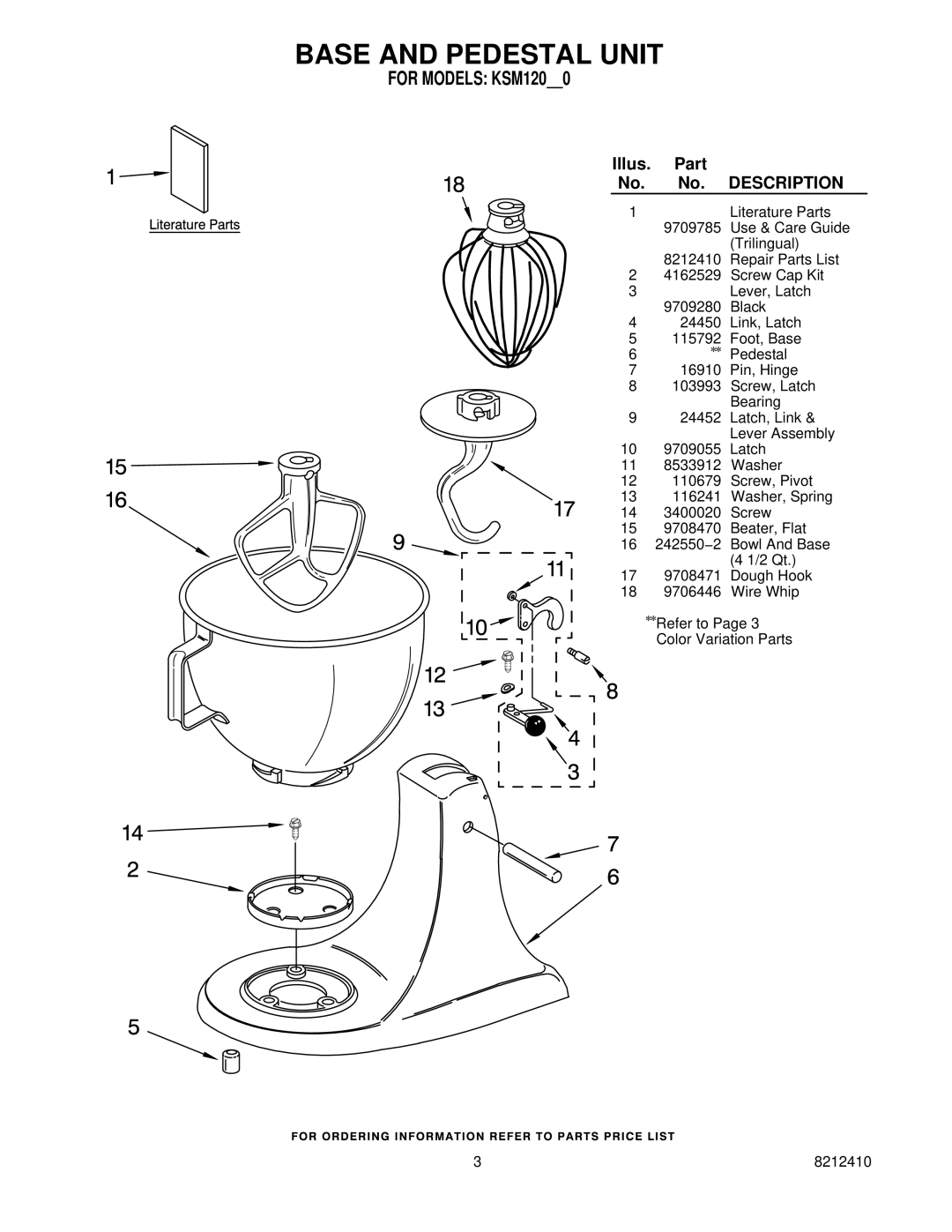 KitchenAid KSM120ER0, KSM120MC0, KSM120OB0, KSM120WH0, 8212410 manual Base and Pedestal Unit, Description 