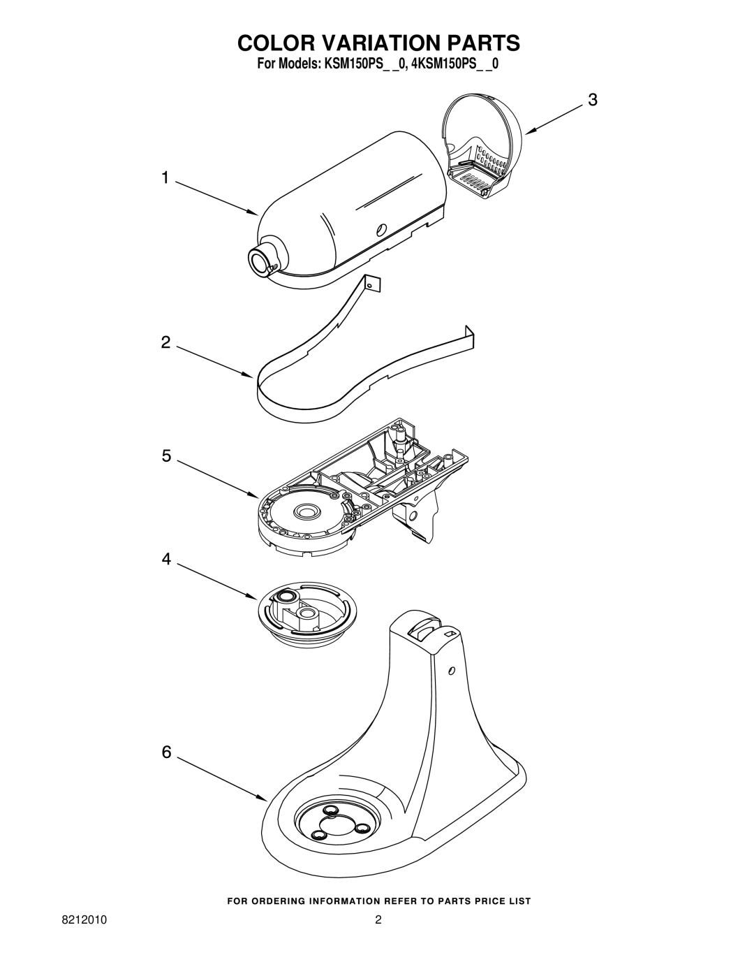 KitchenAid KSM150PSGP0, KSM150PSWH0, KSM150PSOB0, KSM150PSGR0, KSM150PSGN0, KSM150PSCL0, KSM150PSCB0 manual Color Variation Parts 