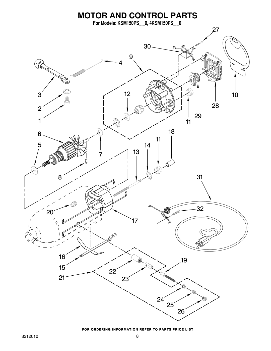 KitchenAid KSM150PSWH0, KSM150PSOB0, KSM150PSGP0, KSM150PSGR0, KSM150PSGN0, KSM150PSCL0, KSM150PSCB0 Motor and Control Parts 