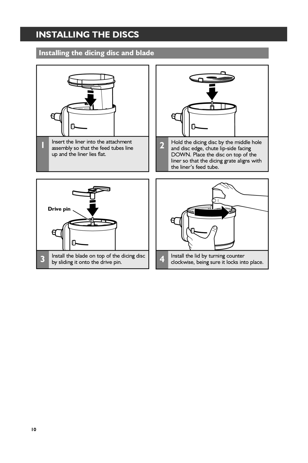 KitchenAid KSM1FPA, KSM2FPA manual Installing the dicing disc and blade, Disc edge, chute lip-side facing 