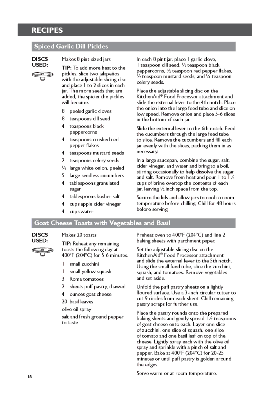 KitchenAid KSM1FPA, KSM2FPA manual Spiced Garlic Dill Pickles, Goat Cheese Toasts with Vegetables and Basil 