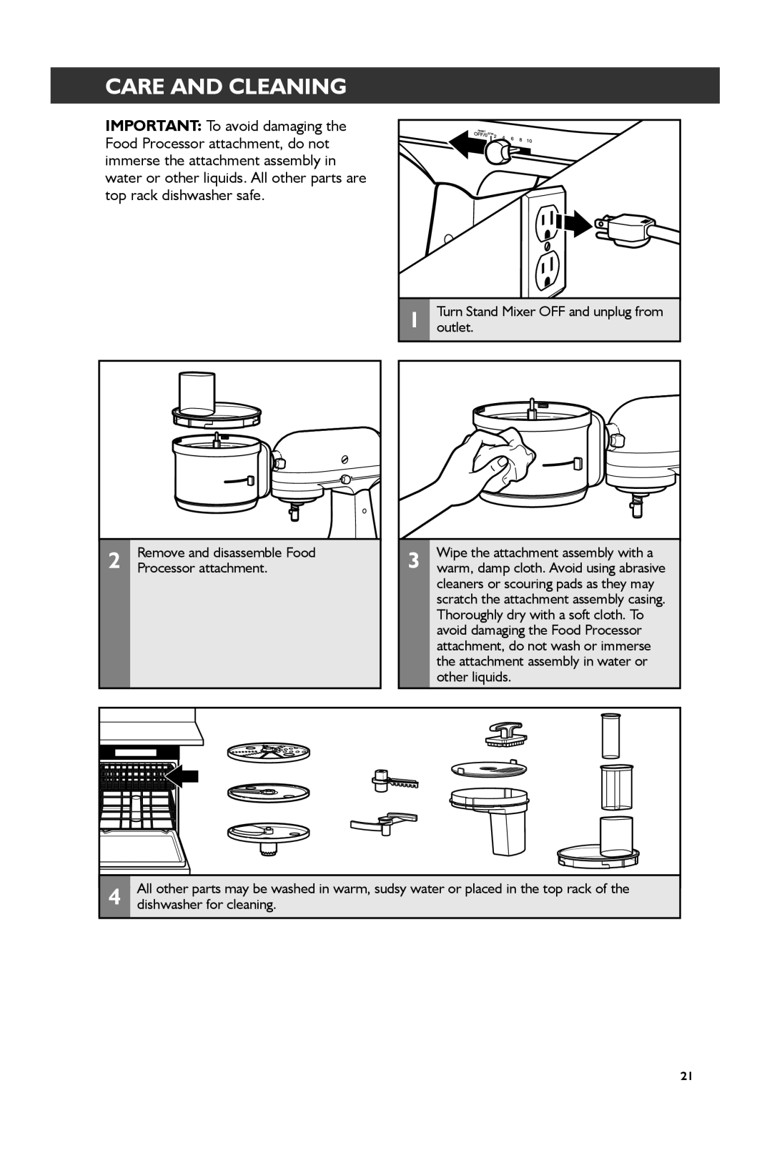 KitchenAid KSM2FPA Care and Cleaning, Remove and disassemble Food, Processor attachment, Outlet, Dishwasher for cleaning 