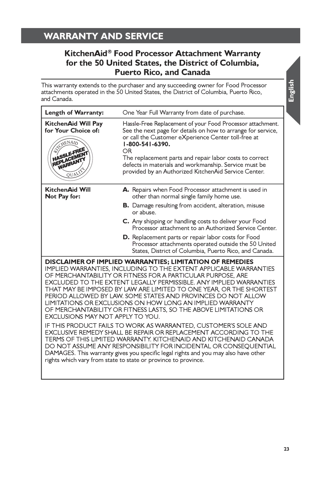 KitchenAid KSM2FPA, KSM1FPA manual Warranty and Service, Disclaimer of Implied Warranties Limitation of Remedies 