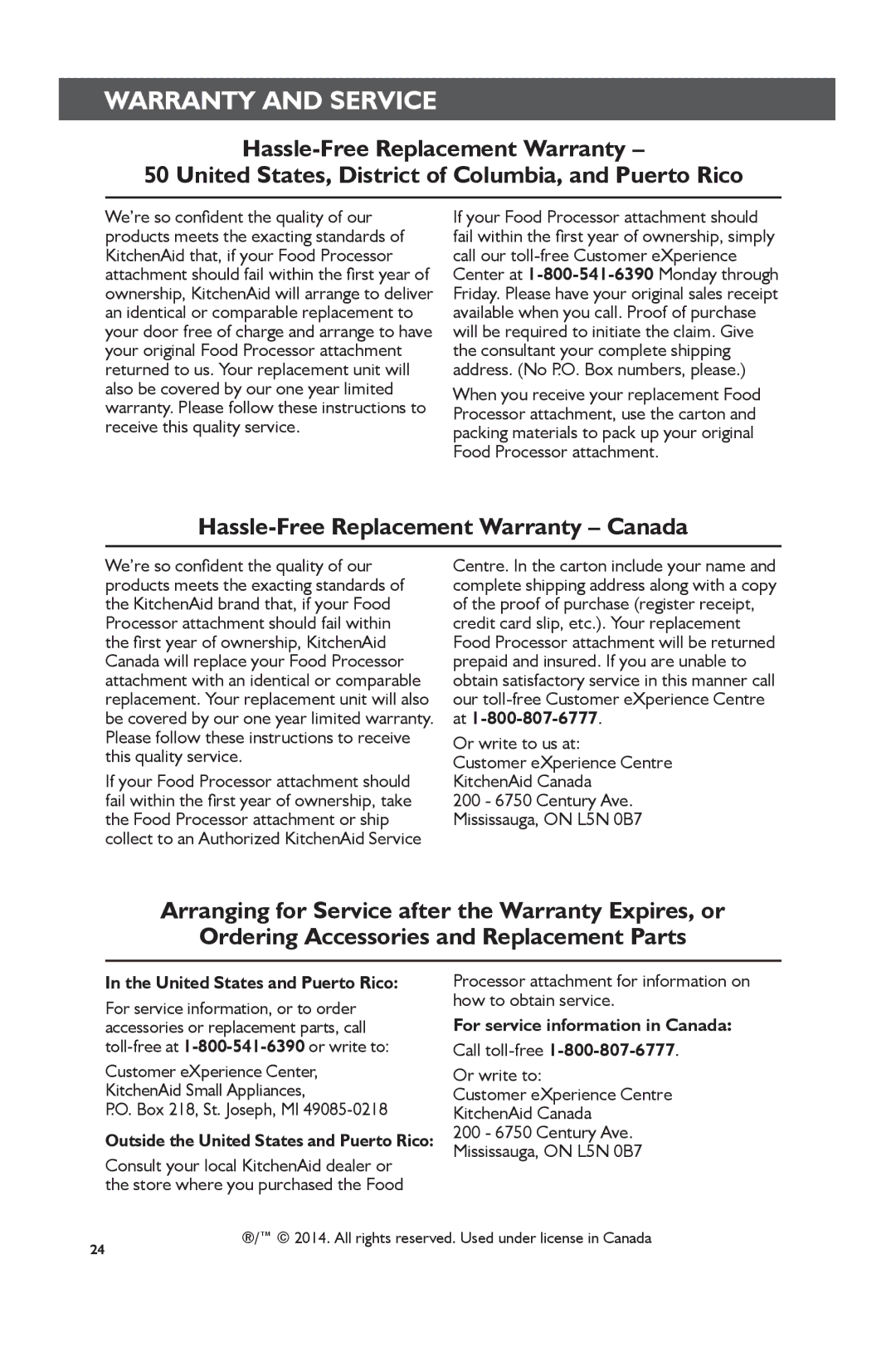 KitchenAid KSM1FPA, KSM2FPA manual United States and Puerto Rico, Or write to Customer eXperience Centre KitchenAid Canada 