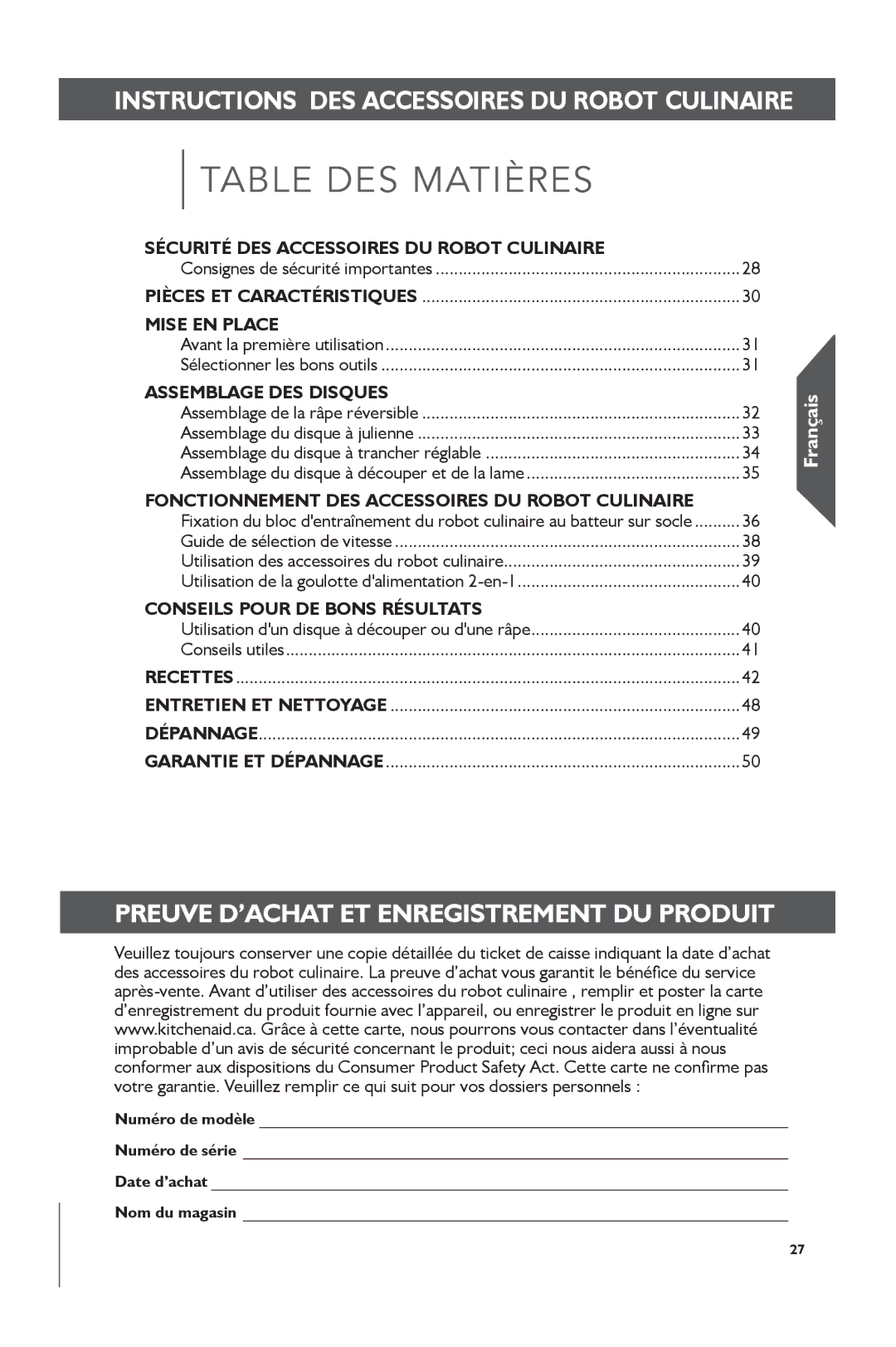 KitchenAid KSM2FPA, KSM1FPA Instructions DES Accessoires DU Robot Culinaire, Preuve D’ACHAT ET Enregistrement DU Produit 