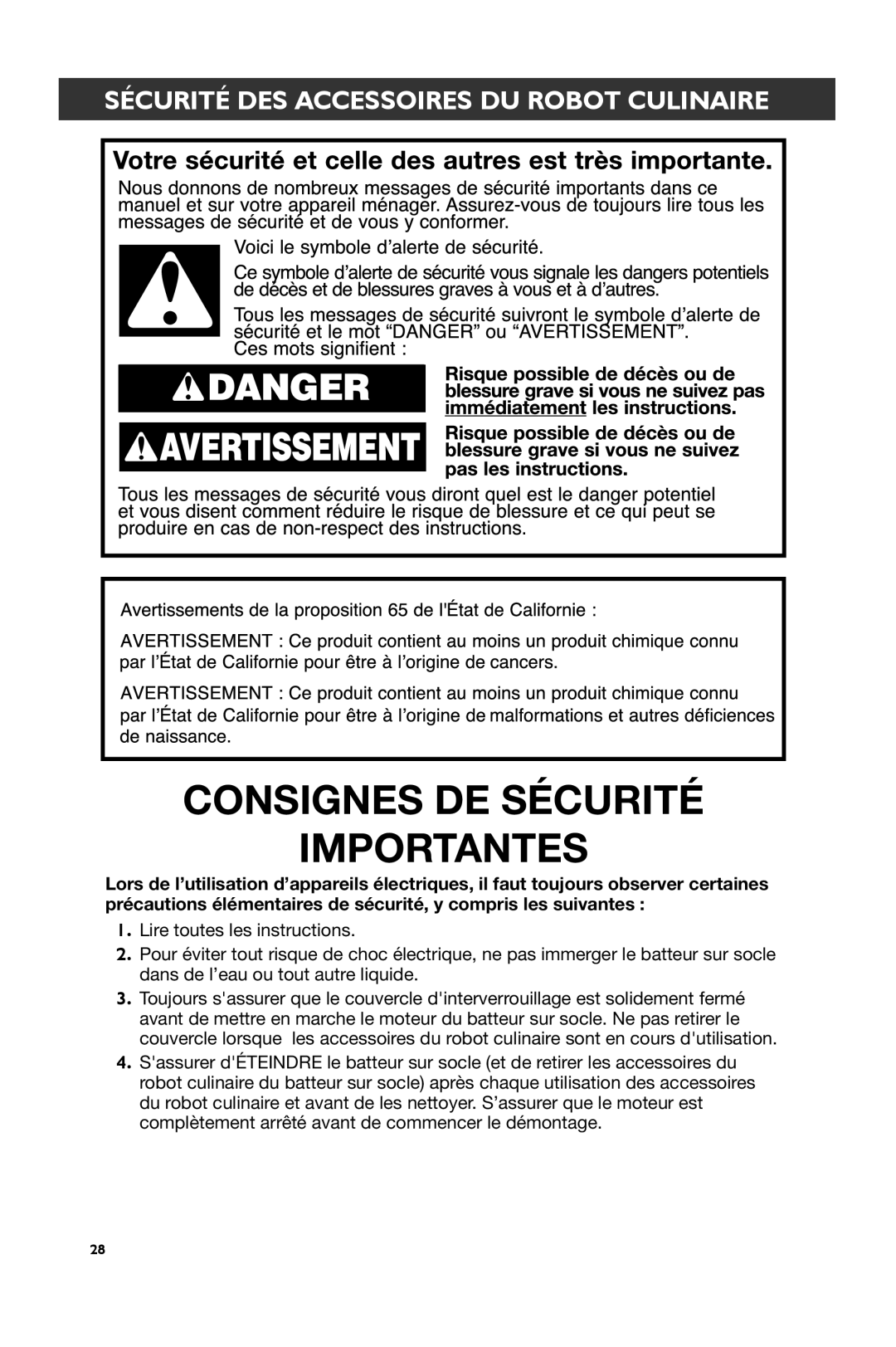 KitchenAid KSM1FPA, KSM2FPA manual Consignes DE Sécurité Importantes, Sécurité DES Accessoires DU Robot Culinaire 