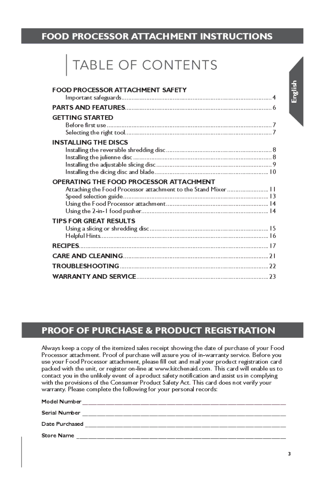 KitchenAid KSM2FPA, KSM1FPA manual Table of Contents 