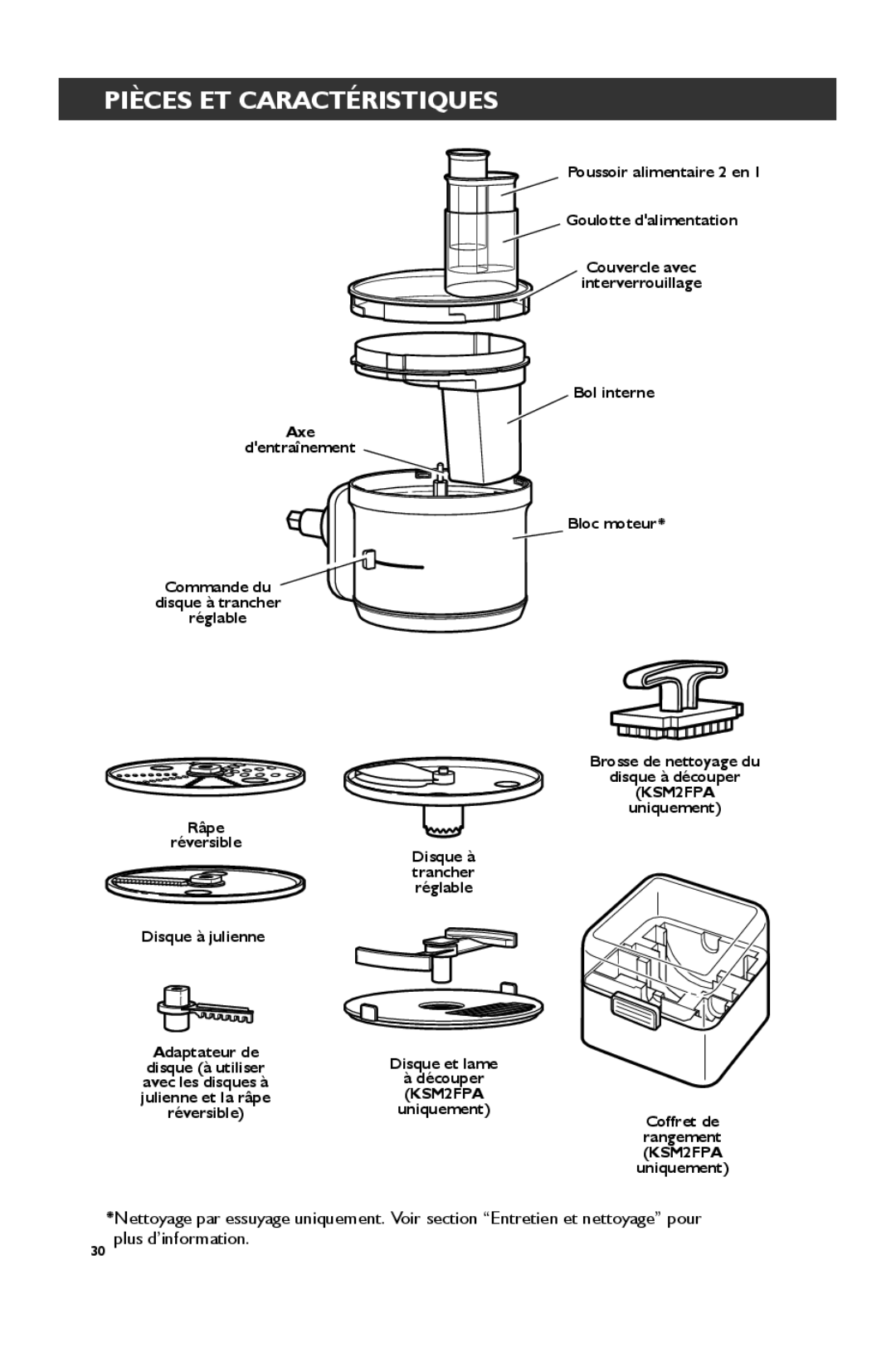 KitchenAid KSM1FPA Pièces ET Caractéristiques, Axe Dentraînement, Réglable, Disque à trancher réglable Disque à julienne 