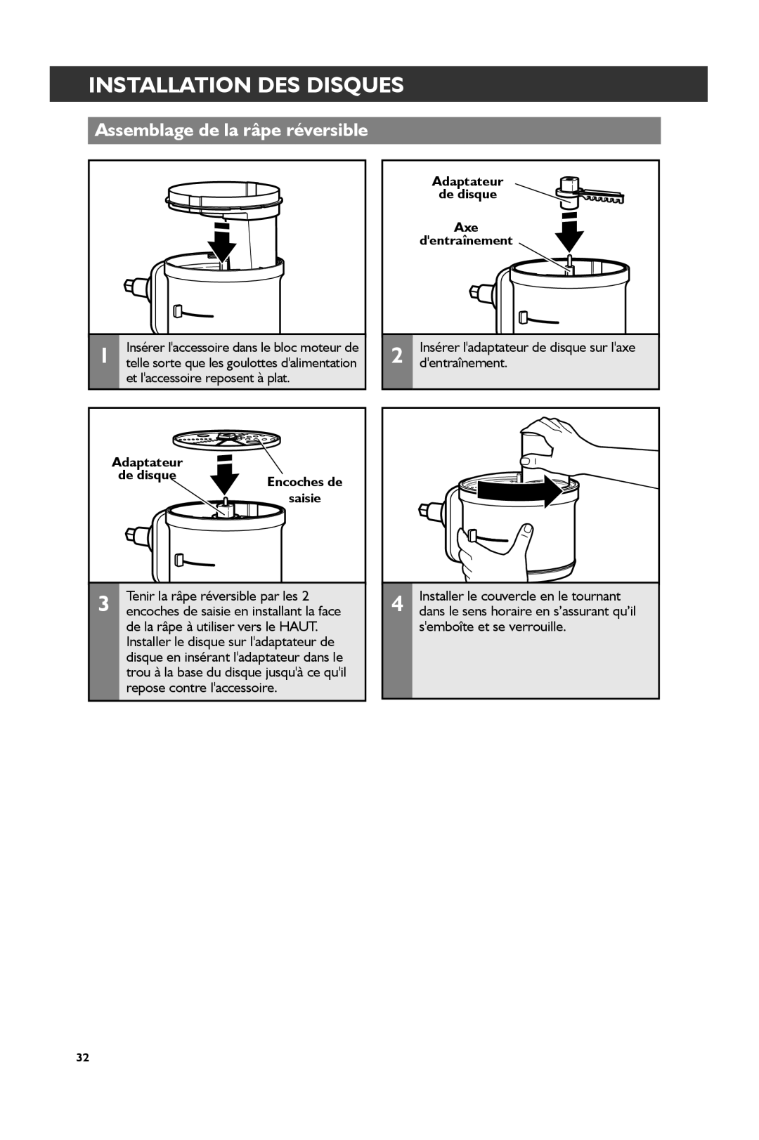 KitchenAid KSM1FPA, KSM2FPA manual Installation DES Disques, Adaptateur De disque Axe Dentraînement 