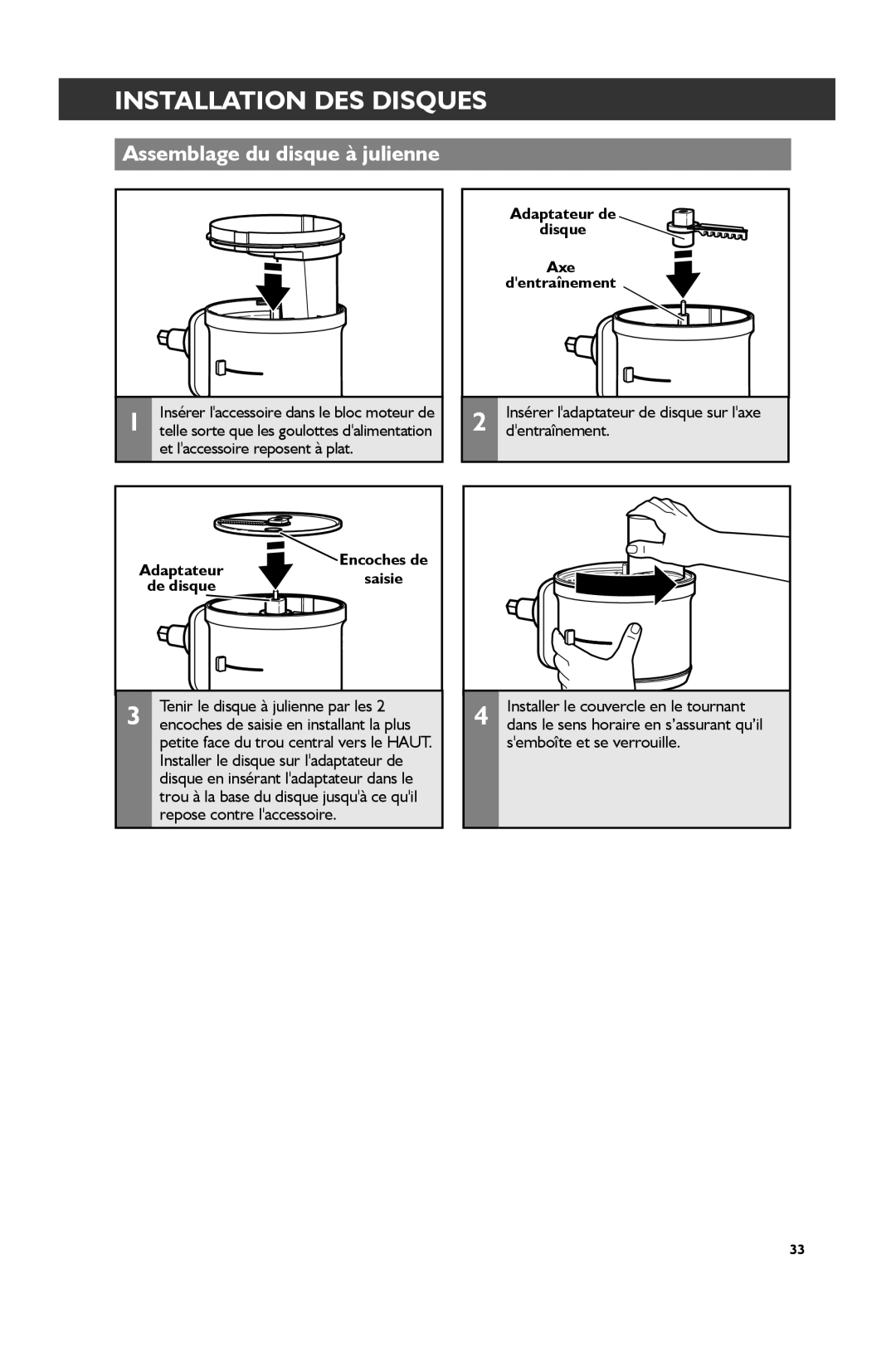 KitchenAid KSM2FPA, KSM1FPA manual Assemblage du disque à julienne, Encoches de Adaptateursaisie de disque 