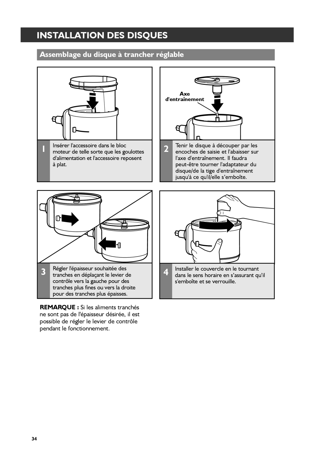 KitchenAid KSM1FPA, KSM2FPA manual Assemblage du disque à trancher réglable, Insérer laccessoire dans le bloc, Encoches de 