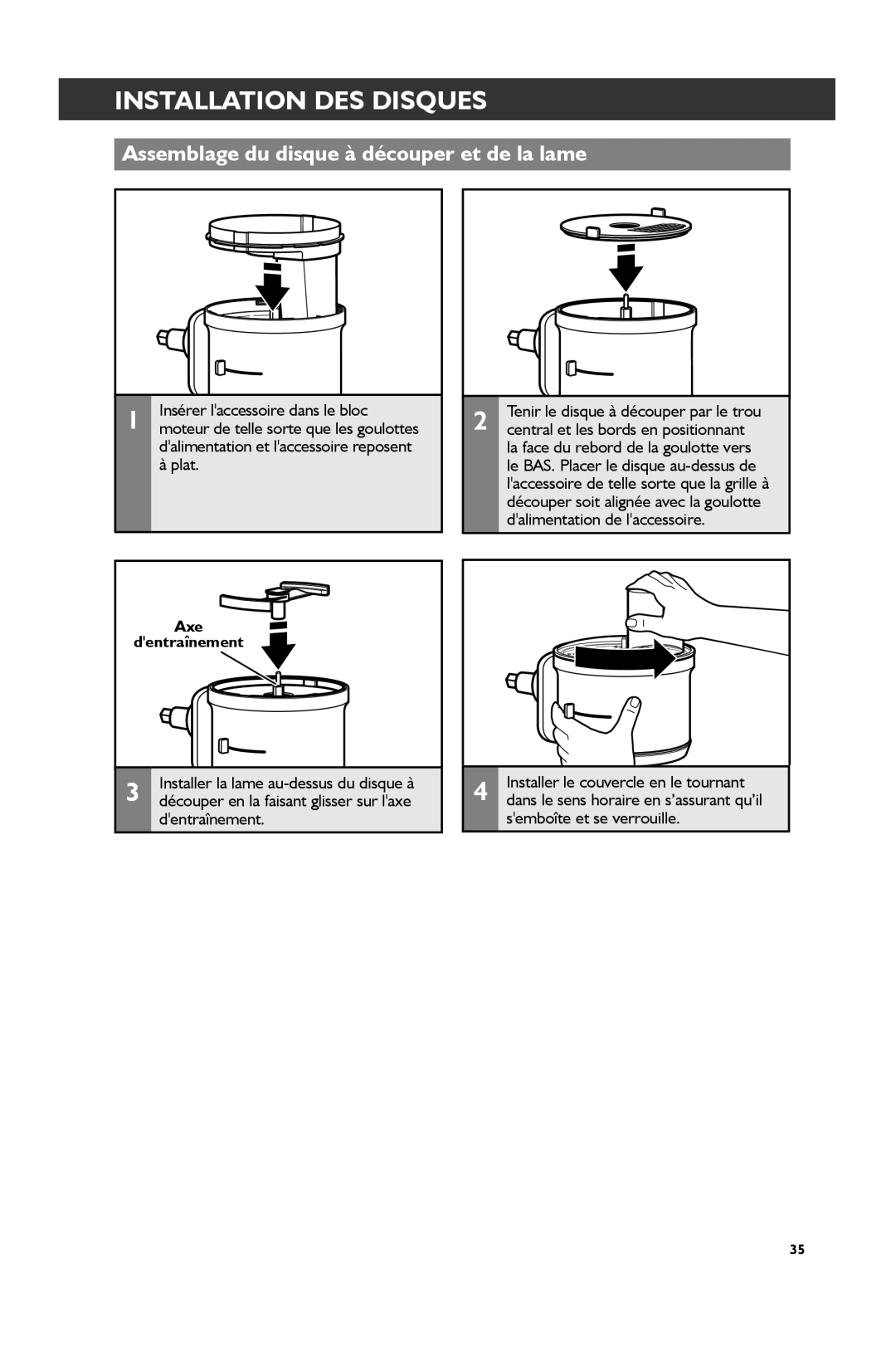 KitchenAid KSM2FPA, KSM1FPA manual Assemblage du disque à découper et de la lame, Central et les bords en positionnant 