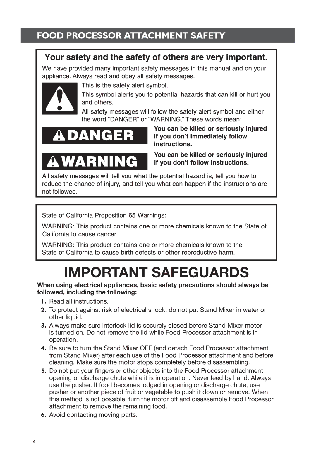 KitchenAid KSM1FPA, KSM2FPA manual Important Safeguards, Food Processor Attachment Safety 