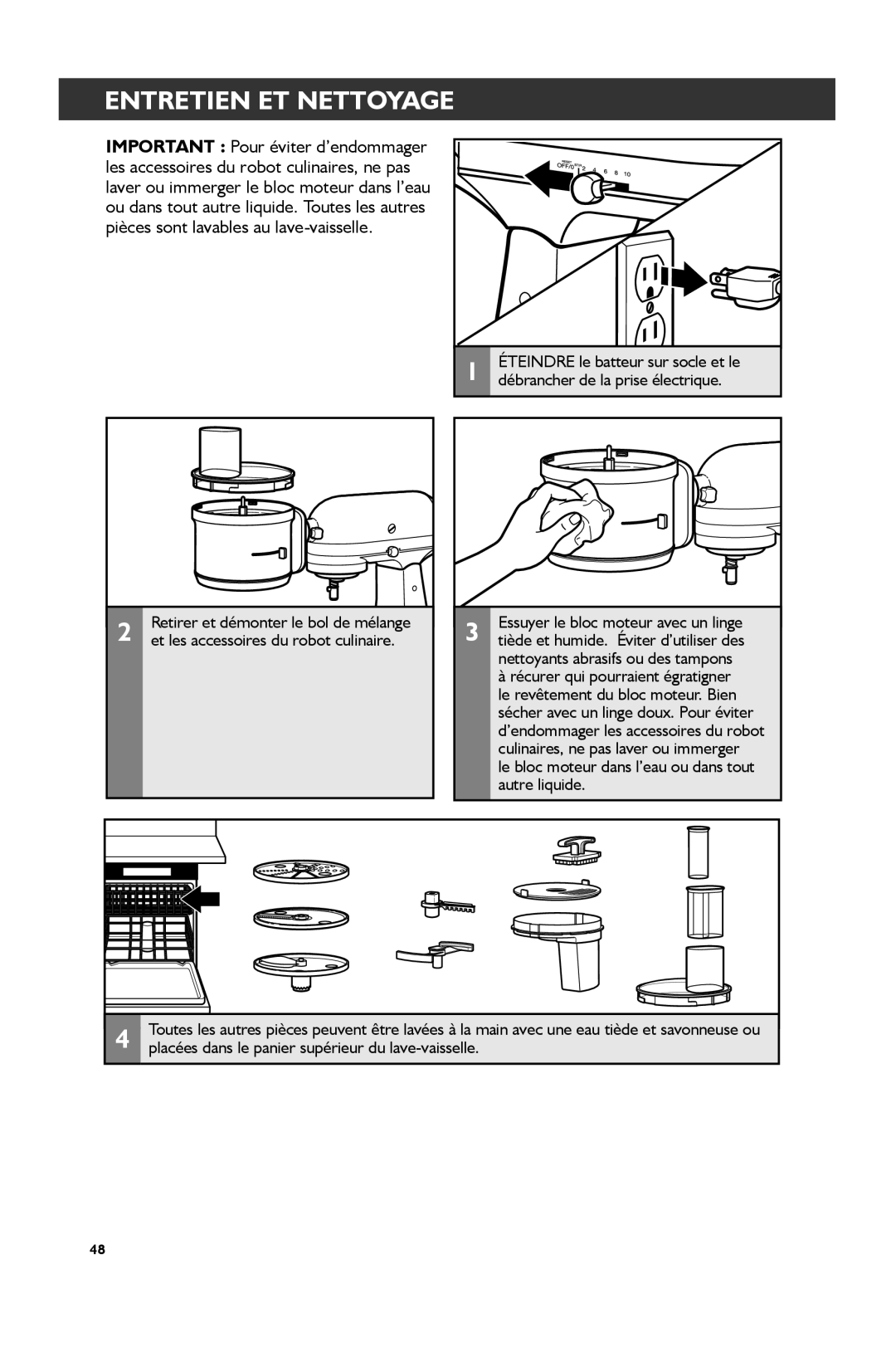 KitchenAid KSM1FPA, KSM2FPA manual Entretien ET Nettoyage, Placées dans le panier supérieur du lave-vaisselle 