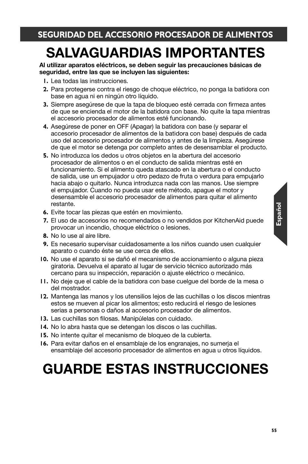 KitchenAid KSM2FPA, KSM1FPA manual Guarde Estas Instrucciones 