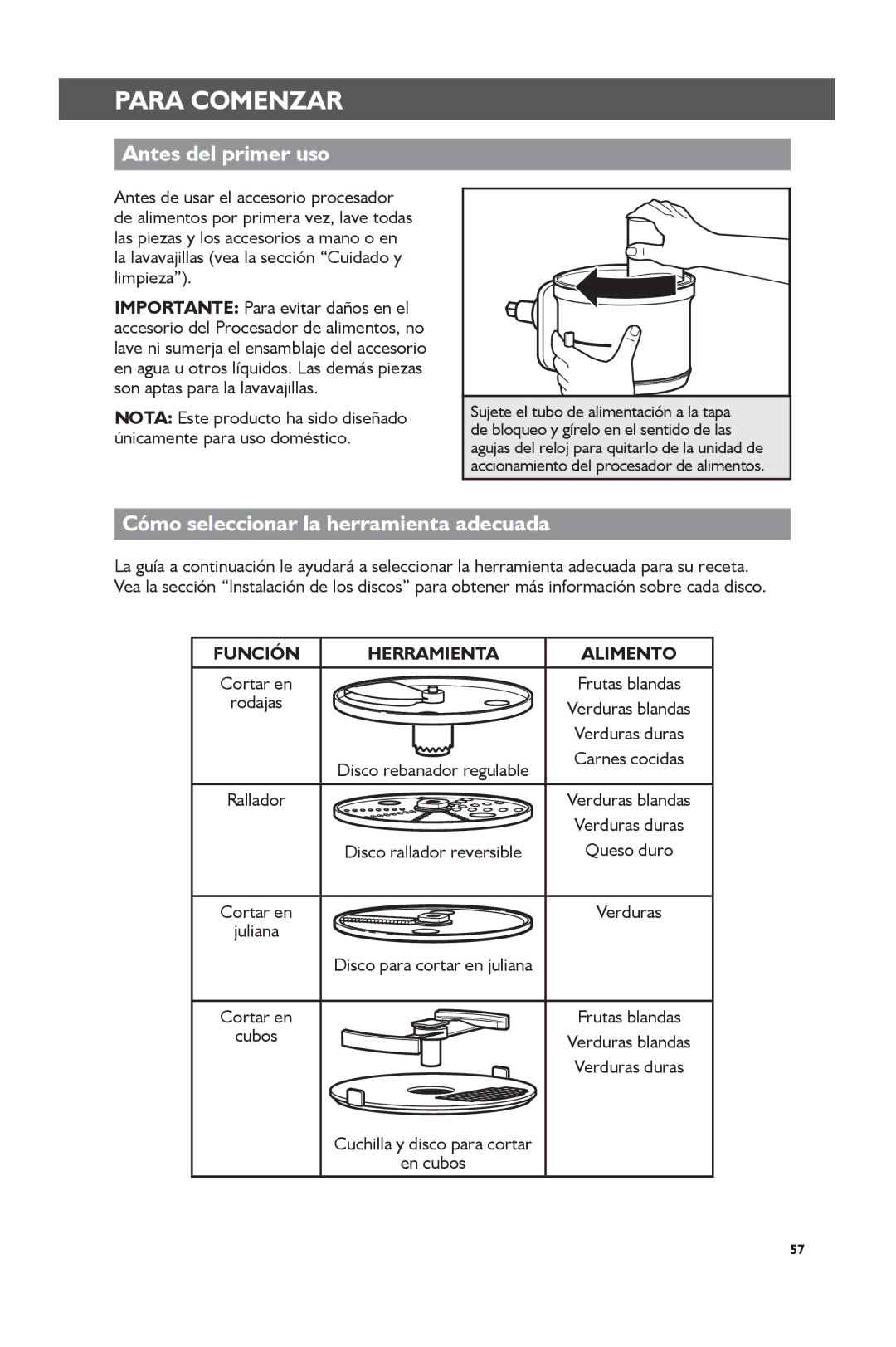 KitchenAid KSM2FPA, KSM1FPA manual Para Comenzar, Antes del primer uso, Cómo seleccionar la herramienta adecuada 