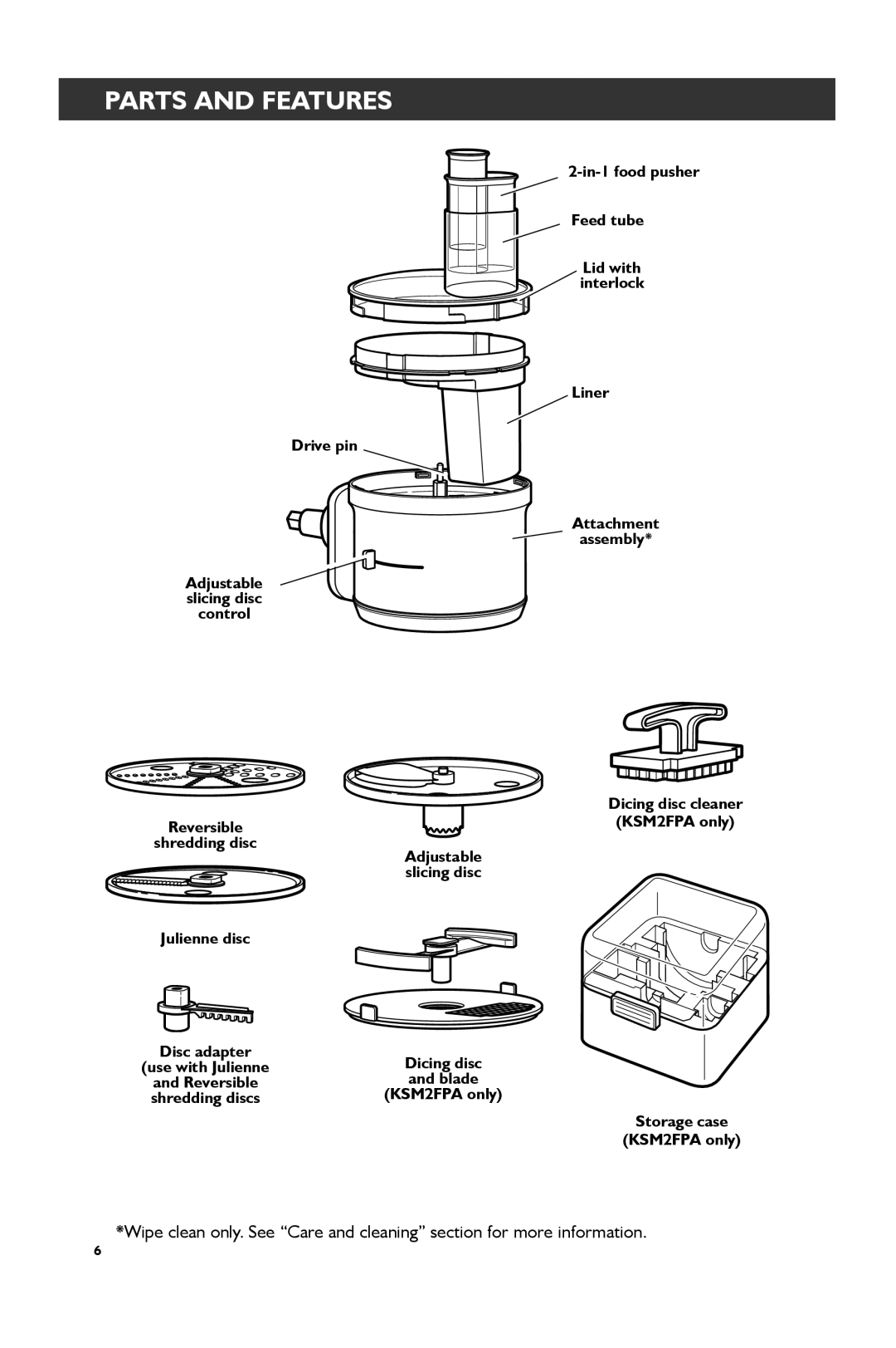 KitchenAid KSM1FPA manual Parts and Features, In-1 food pusher Feed tube, Liner Drive pin, Storage case KSM2FPA only 