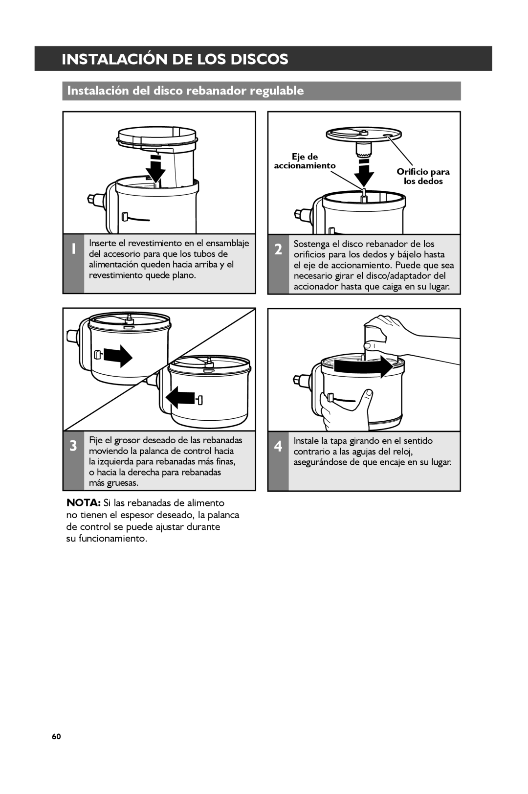 KitchenAid KSM1FPA, KSM2FPA manual Instalación del disco rebanador regulable, Su funcionamiento 