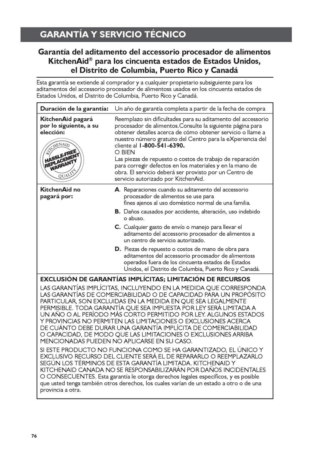 KitchenAid KSM1FPA, KSM2FPA manual Garantía Y Servicio Técnico, Exclusión DE Garantías Implícitas Limitación DE Recursos 