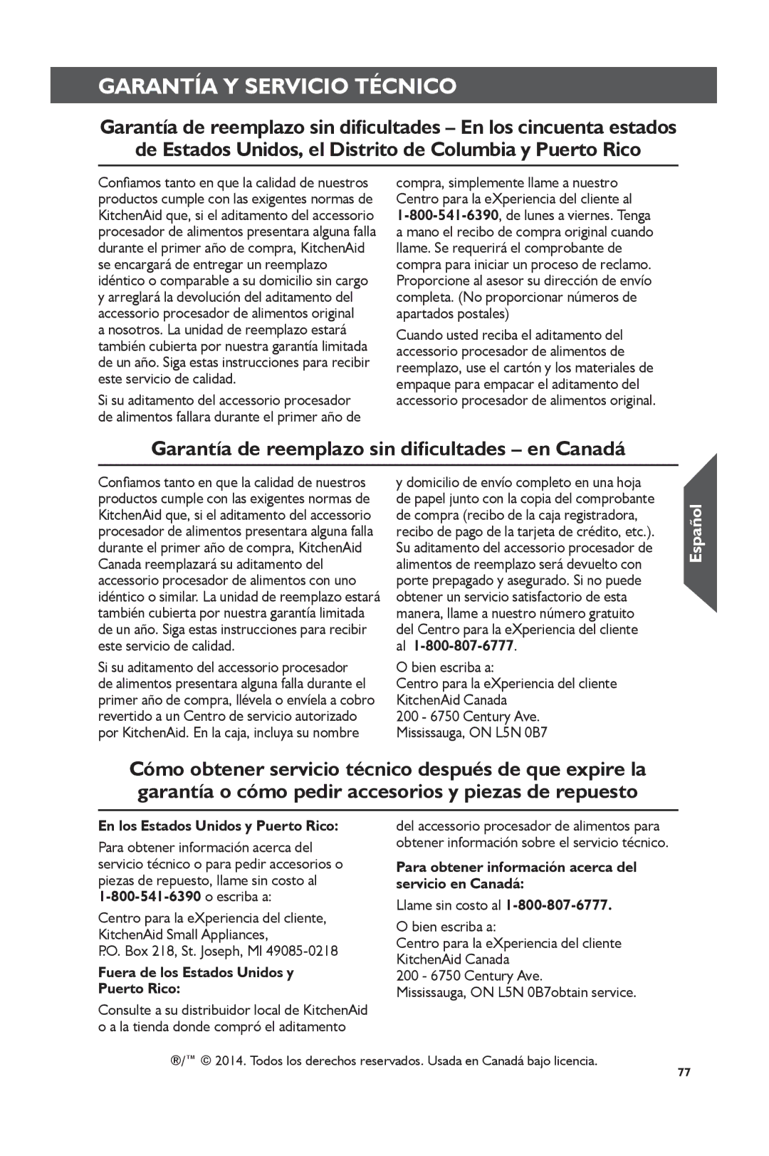 KitchenAid KSM2FPA, KSM1FPA manual En los Estados Unidos y Puerto Rico, Escriba a, Fuera de los Estados Unidos y Puerto Rico 