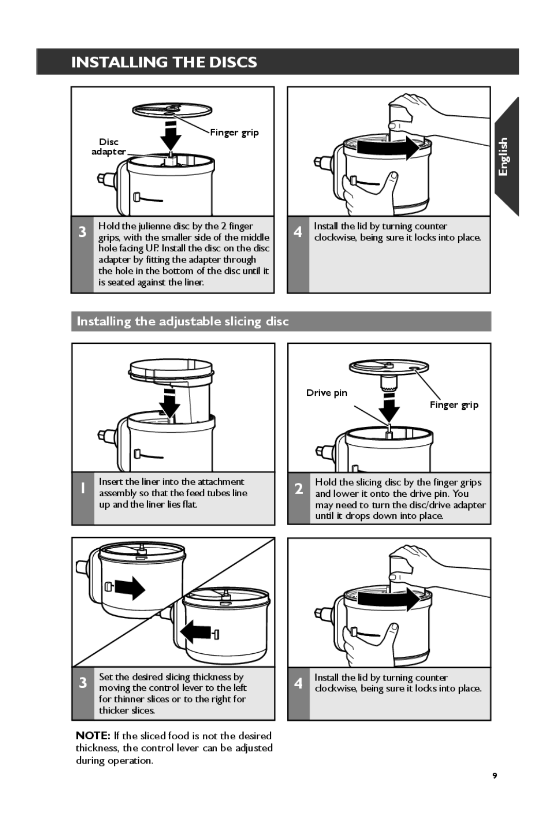 KitchenAid KSM2FPA, KSM1FPA manual Installing the adjustable slicing disc, Finger grip Disc Adapter, Drive pin Finger grip 