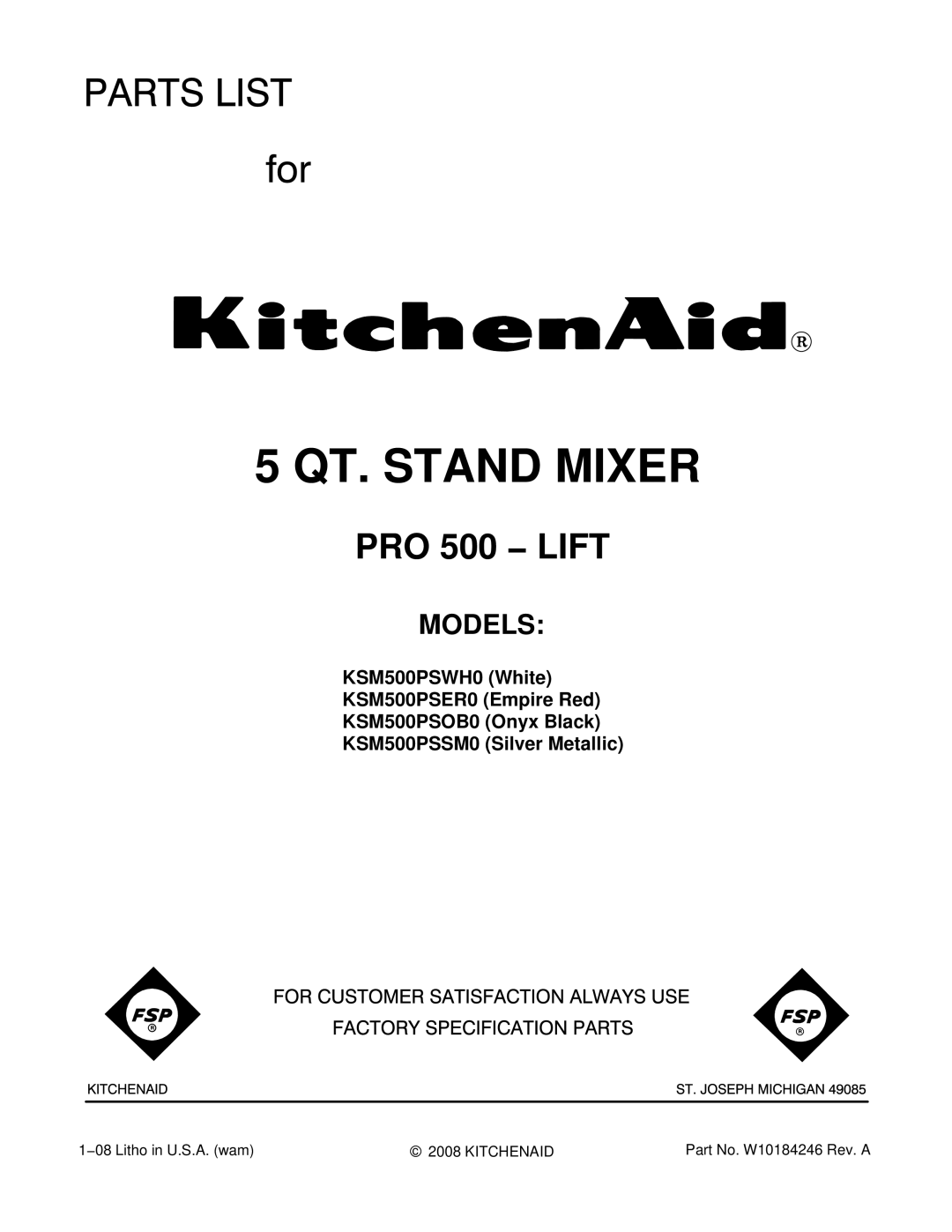 KitchenAid KSM500PSOBO, KSM500PSWH0, KSM500PSER0, KSM500PSSM0 manual QT. Stand Mixer 