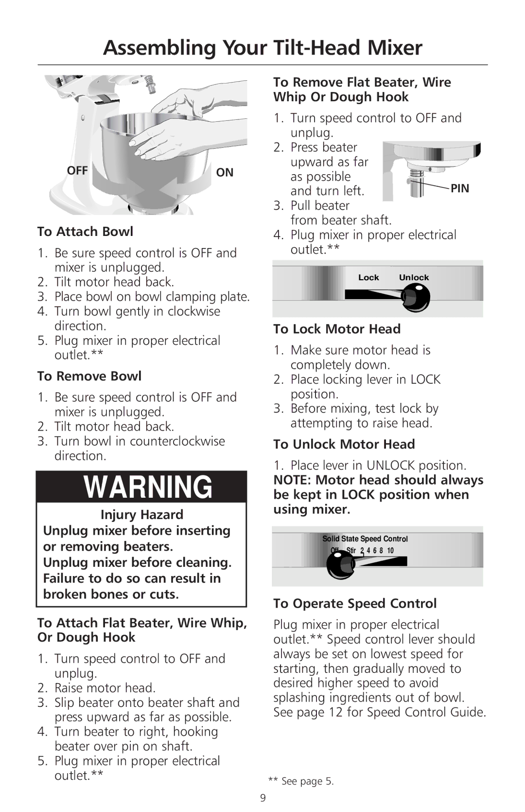 KitchenAid KP50PS Assembling Your Tilt-Head Mixer, To Remove Flat Beater, Wire Whip Or Dough Hook, To Lock Motor Head 