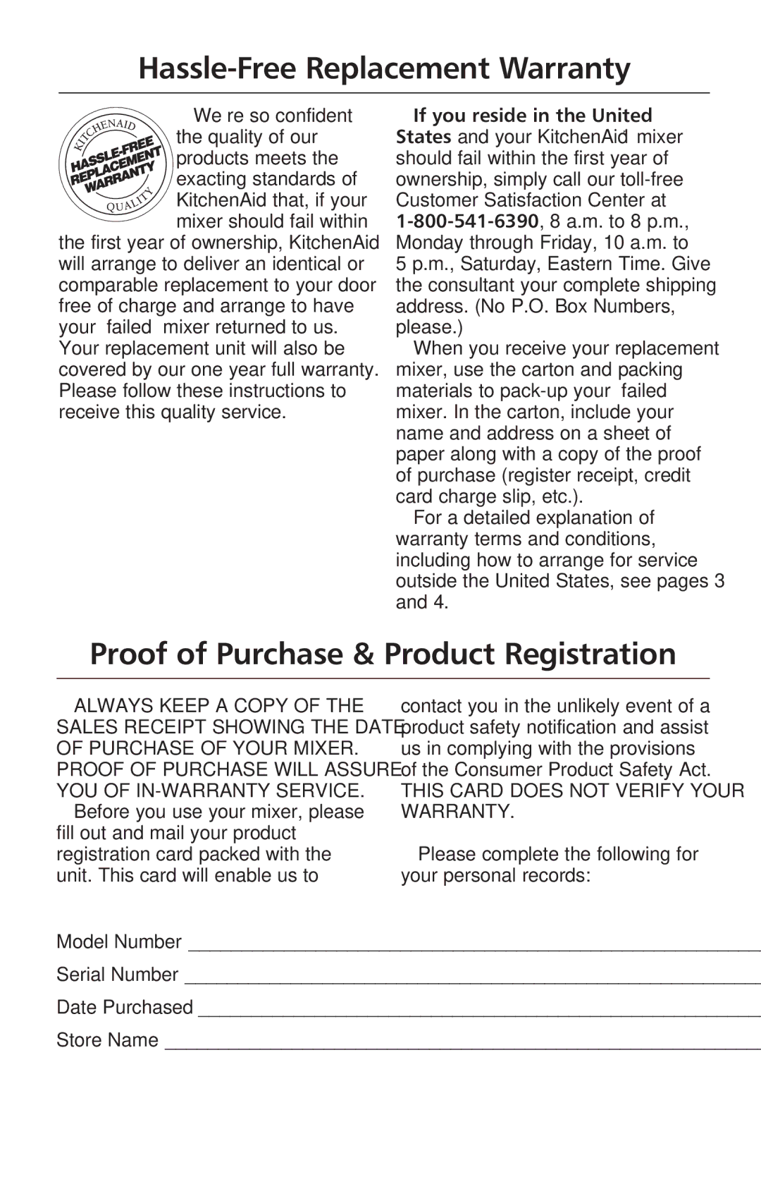 KitchenAid KP50PS, KSM50P manual Hassle-Free Replacement Warranty, Proof of Purchase & Product Registration 