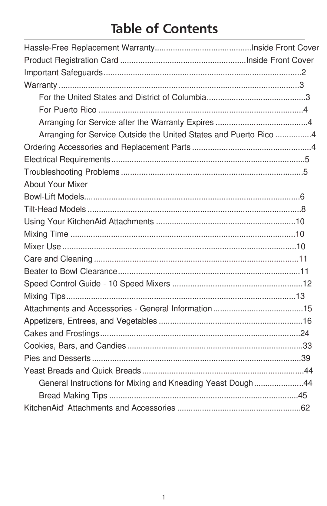 KitchenAid KSM50P, KP50PS manual Table of Contents 