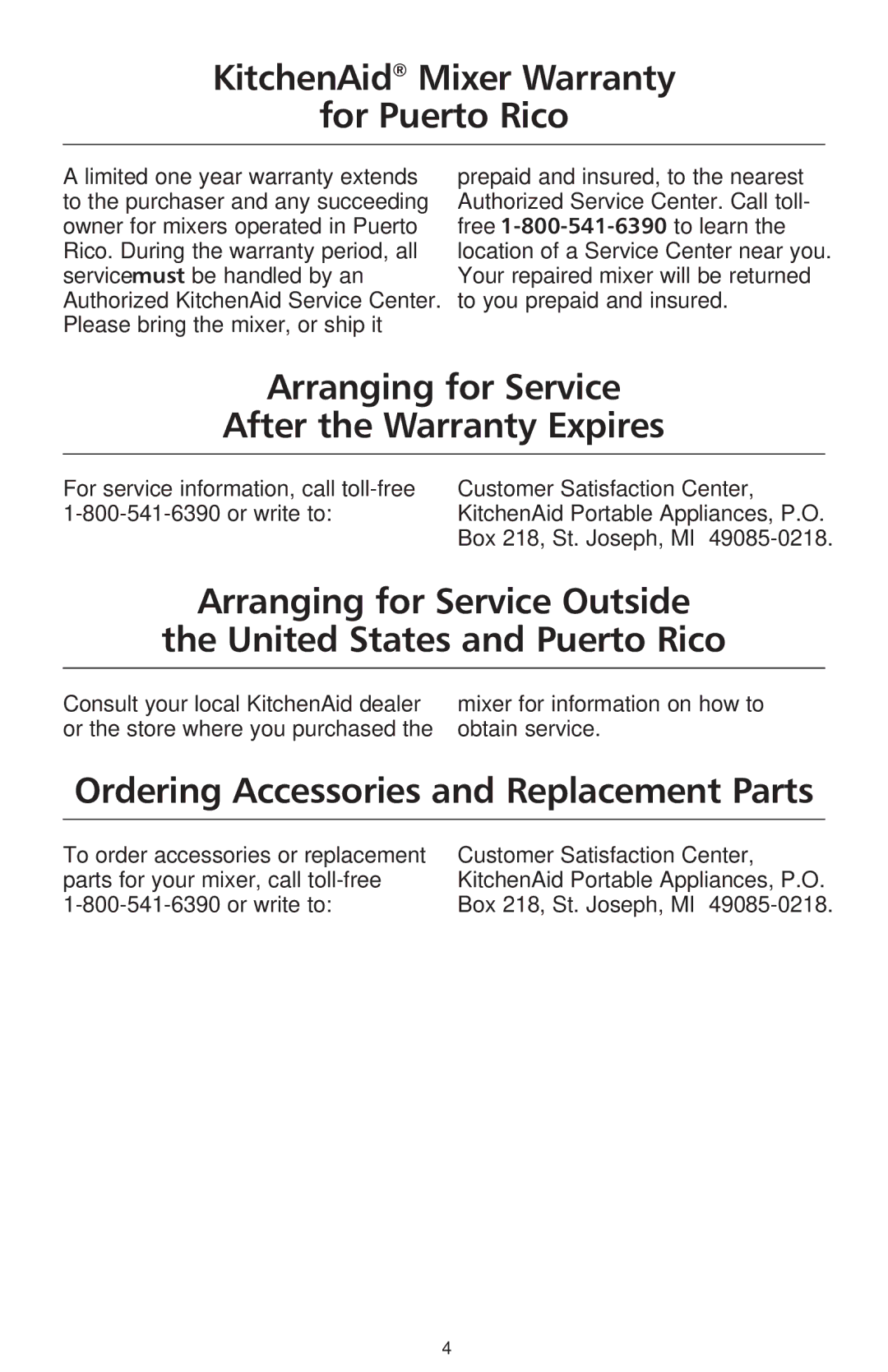 KitchenAid KSM50P, KP50PS manual KitchenAid Mixer Warranty For Puerto Rico, Arranging for Service After the Warranty Expires 