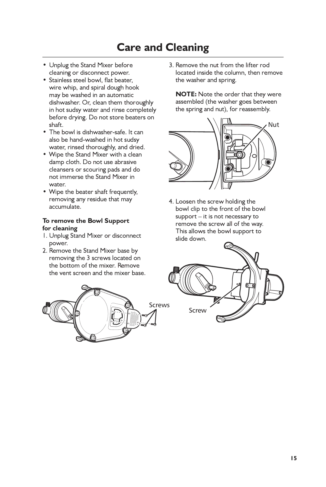 KitchenAid KSM7990 manual Care and Cleaning, To remove the Bowl Support for cleaning 