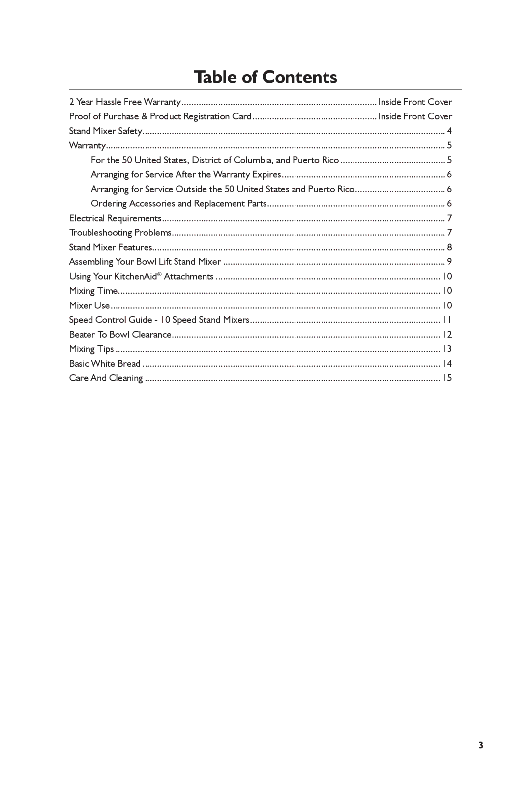 KitchenAid KSM7990 manual Table of Contents 