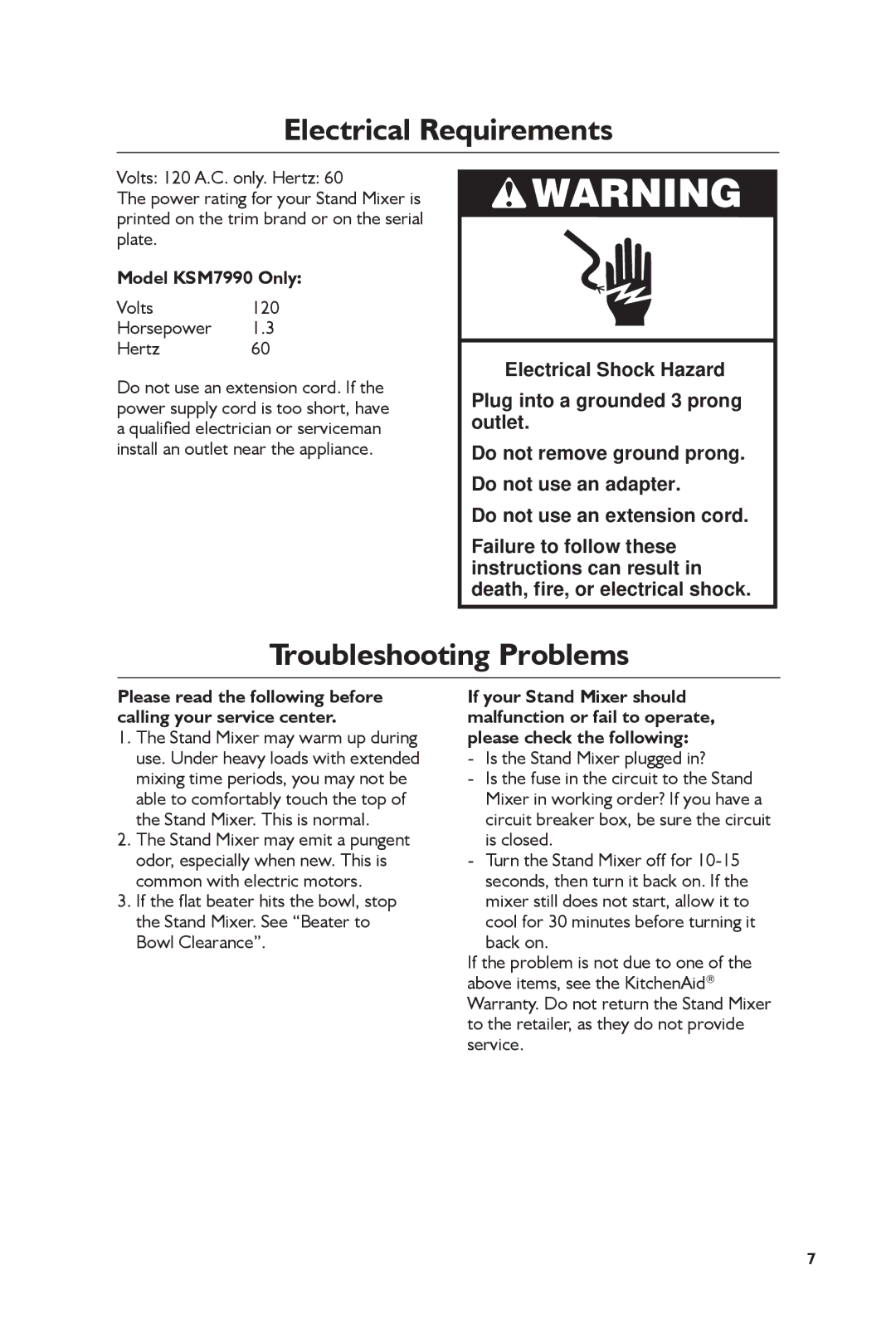 KitchenAid manual Electrical Requirements, Troubleshooting Problems, Model KSM7990 Only 