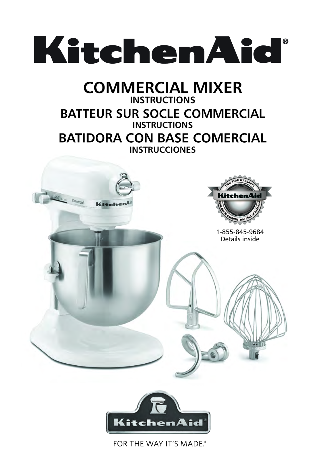 KitchenAid KSM7990 manual COMMERCIAL MIXER Commercial ixer, Batidora con base comercial, Batteur sur socle commercial 