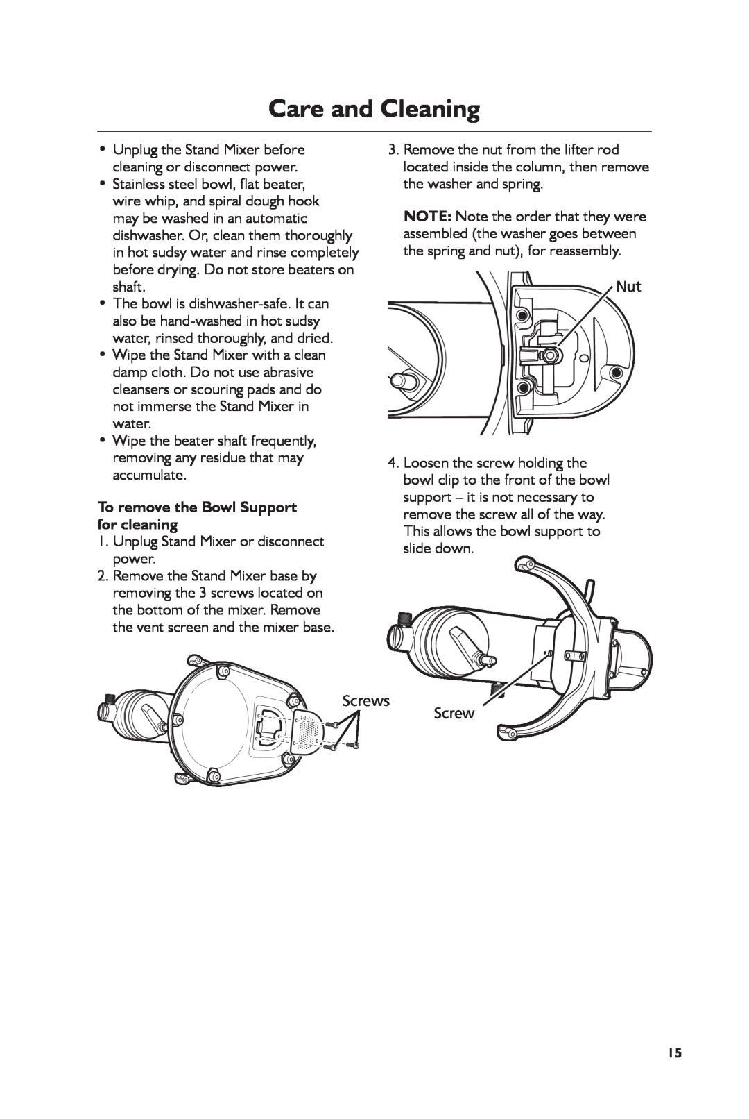 KitchenAid KSM7990 manual Care and Cleaning, To remove the Bowl Support for cleaning 