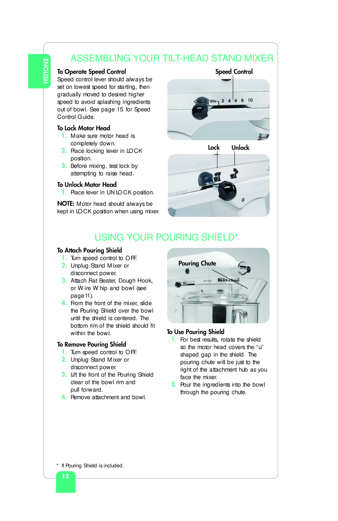 KitchenAid KSM155GBCA, KSM95, KSM155GBPB, KSM155GEB, KSM155GSR, KSM155GBQC Using Your Pouring Shield, To Operate Speed Control 