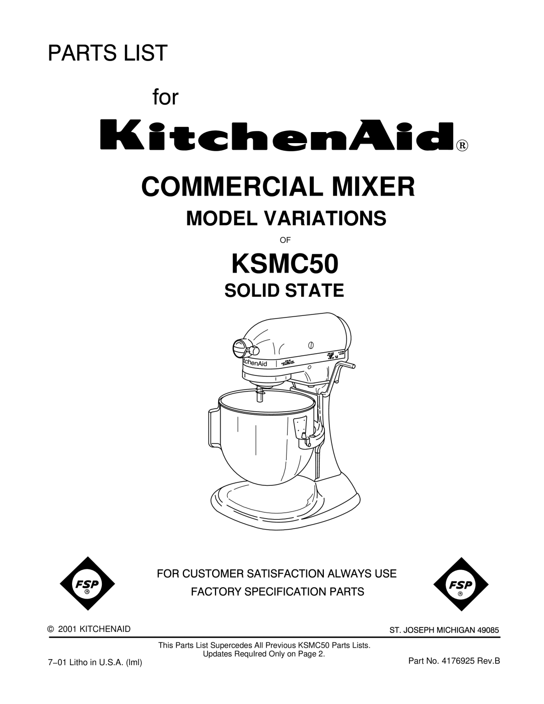 KitchenAid KSMc50 manual Commercial Mixer 