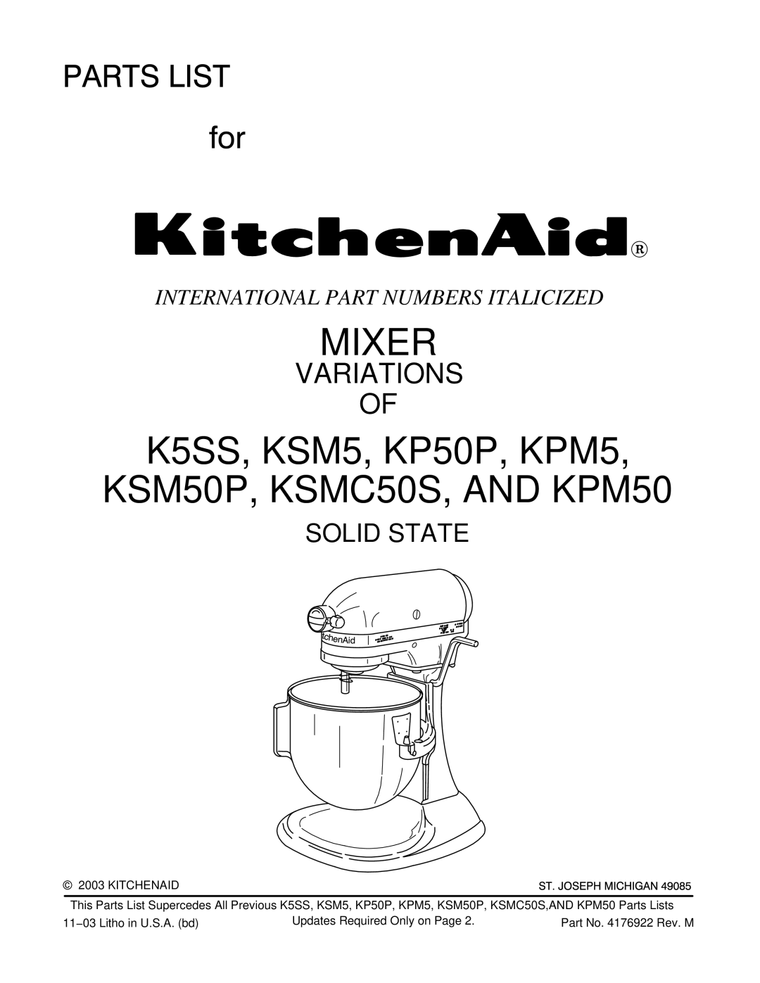 KitchenAid KSM50P, KSMC50S, KPM5, KP50P manual Mixer 