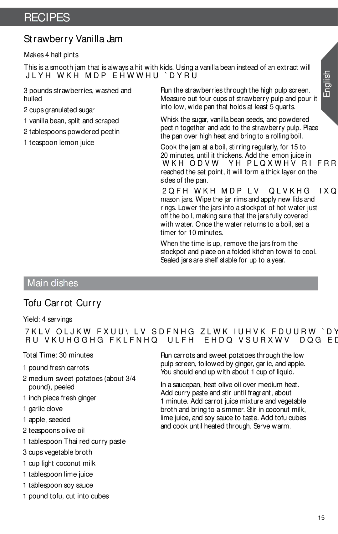 KitchenAid KSN1JA manual Strawberrry Vanilla Jam, Main dishes, Tofu Carrrot Currry, Yield 4 servings 